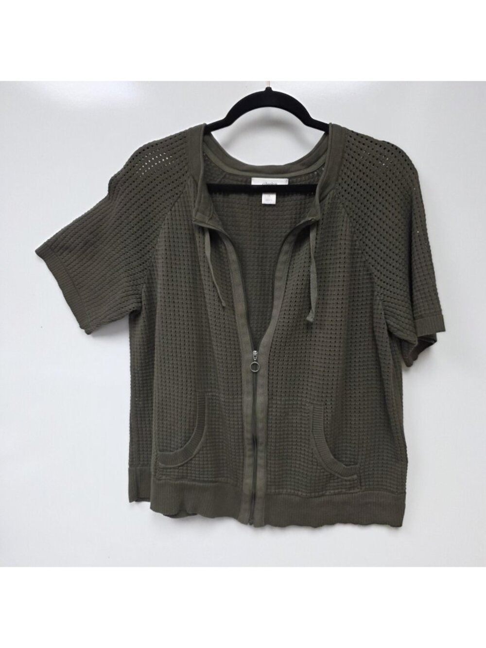 CJ Banks Cardigan Sweater Womens 1X Green Waffle Knit Short Sleeve Zip Pockets